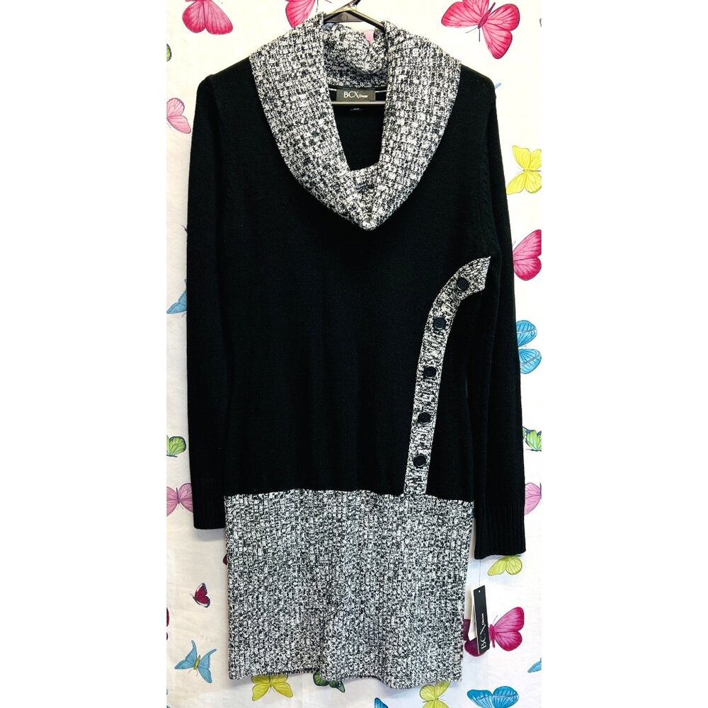 BCX Womens Black & White Sweater Dress Cowl Neck Long Sleeves Large